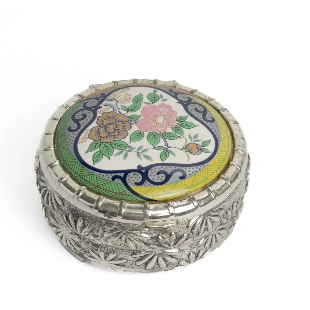 F.B. Rogers Silver Plated Trinket Box Floral Porcelain Lid Vintage